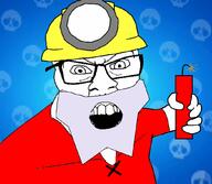 arm beard brawl_stars clothes dynamite explosive glasses hand hat holding_object miner mining_helmet open_mouth soyjak variant:feraljak video_game // 1045x908 // 435.4KB