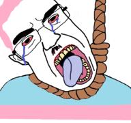 bloodshot_eyes clothes crying glasses hair hanging mustache open_mouth pink_hair politics rope soyjak subvariant:patrick suicide tongue tranny variant:chudjak yellow_teeth // 768x719 // 292.8KB