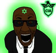 black_skin central_intelligence_agency clothes earpiece glasses glowing glownigger judaism necktie open_mouth red_eyes soyjak star_of_david stubble suit text tinted_glasses trend:glowie variant:el_perro_rabioso // 427x400 // 54.2KB