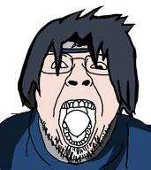 anime blue_shirt clothes forehead_protector glasses hair headband konohagakure_symbol naruto_(series) open_mouth soyjak stubble uchiha_sasuke variant:bernd white_skin // 1156x1300 // 259.2KB