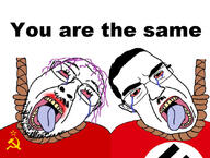 2soyjaks bloodshot_eyes communism crying ear glasses hair hammer_and_sickle hanging mustache nazism open_mouth purple_hair rope soyjak stubble subvariant:patrick suicide text tongue variant:bernd variant:chudjak yellow_teeth you're_the_same // 841x634 // 101.0KB