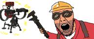 clothes engineer engineer_(tf2) glasses goggles hand hat helmet holding_object open_mouth red sentry sentry_gun soyjak stubble team_fortress_2 variant:yurjak wrench // 1042x442 // 133.1KB