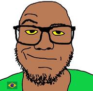 brazil closed_mouth clothes dark_skin flag flag:brazil glasses green_shirt meta:op_took_a_selfie_of_xerself mulatto mutt raised_eyebrow smirk smug soyjak stubble variant:redditjak yellow_eyes yellow_sclera // 729x705 // 77.6KB
