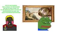 adam amphibian arrow artist:conservativewaluigi award black_shirt black_skin blond brown_skin disgusted drawing epi frog genesis_(bible) god greentext nas:pepe nusoi nusoicaca nusois oyyyyyyyyy painting pepe pepe_the_frog shocked soyteen subvariant:doctos subvariant:hunky_twink_sex_machine text the_creation_of_adam trend:doctos variant:alicia yellow_hair // 1280x720 // 685.9KB