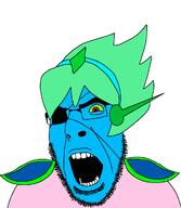 angry blue_skin captain_spaceboy eyepatch glasses green_hair hair omori open_mouth red_eyes soyjak stubble variant:cobson video_game // 1042x1200 // 34.5KB