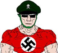 arm brocken_jr buff chud closed_mouth clothes glasses hat kinnikuman nazism soyjak subvariant:chudjak_front subvariant:muscular_chud sunglasses swastika tshirt variant:chudjak vein white_skin // 1059x973 // 79.6KB