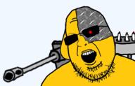 cannon cyborg glasses gun janny metal open_mouth robot soyjak stubble sunglasses variant:shotjak yellow_skin // 549x353 // 91.3KB
