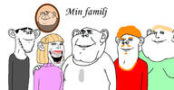 arm blue_eyes closed_mouth clothes ear family fat female hair hand laughing multiple_soyjaks mustache open_mouth orange_hair red_hair smile soyjak stubble subvariant:okynnig subvariant:splicejak sweating swedish_text text trend:aryan variant:impish_soyak_ears white_skin yellow_hair // 2080x1080 // 260.8KB