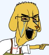 angry animal arm bloodshot_eyes clothes crying dog ear glasses hand janny open_mouth pointing soyjak soyjak_party text variant:chudjak yellow_skin // 917x1027 // 39.7KB