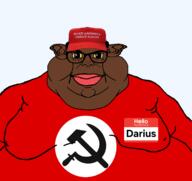 closed_mouth clothes communism ear fat flag:nazbol glasses hair hammer_and_sickle hat hello_my_name_is_(sticker) lips maga mutt name_tag nazbol politics smile subvariant:branigger tshirt variant:brandon variant:meximutt // 1675x1583 // 274.5KB