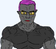 black_shirt blue chud eyes glasses grey_skin lol_kek_kek_lmao_lmao_lmao_xd_haha lolkek meta:soybooru_admin_snca meta:tagme purple_hair subvariant:muscular_chud variant:chudjak // 1059x929 // 75.1KB