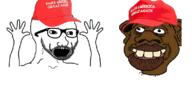 animated arm cap clothes donald_trump excited glasses hand hands_up hat maga negro open_mouth politics shaking soyjak stubble text tyrone variant:excited_soyjak // 800x371 // 87.4KB