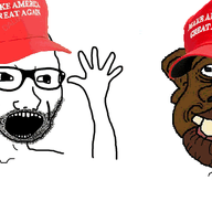 animated arm cap clothes donald_trump excited glasses hand hands_up hat maga nas:tyrone negro open_mouth politics shaking soyjak stubble text tyrone variant:excited_soyjak // 800x371 // 87.4KB