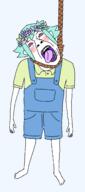 ack basil_(omori) bloodshot_eyes blue_eyes blue_hair blush crying dead flower flower_crown full_body hanging lipstick omori overalls plant rope soyjak suicide tongue tranny variant:bernd video_game // 1197x2709 // 83.7KB