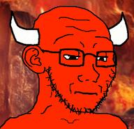 closed_mouth demon disappointed ear glasses hell horn looking_down red red_skin sad soyjak stubble variant:soyak // 400x386 // 150.9KB