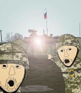 2soyjaks arm azov_battalion clothes country drawn_background flag hand hat helmet military open_mouth pointing russia russo_ukrainian_war soyjak stubble tank ukraine variant:two_pointing_soyjaks white_skin // 1120x1280 // 98.8KB