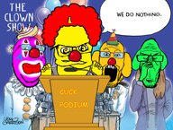 4soyjaks admin balloon banana_split_ice_cream ben_garrison black_text blue_background clothes clown clown_nose clown_wig condiment custard_(user) glasses janny manager mediator microphone mustard_(user) party_hat podium quote_(user) speech_bubble stubble subvariant:condiment subvariant:euromutt subvariant:wholesome_soyjak text toss variant:feraljak variant:gapejak variant:markiplier_soyjak yellow_text // 768x581 // 439.7KB