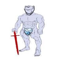 2soyjaks blue_skin buff censored ear fist full_body gem holding_object holding_sword muscles smile soyjak stubble sword variant:impish_soyak_ears weapon // 1727x1727 // 218.2KB