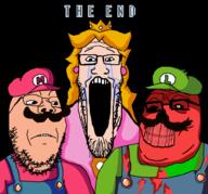 3soyjaks angry blood cap clenched_teeth clothes cracked_teeth creepypasta crown crying dress glasses hair hat i_hate_you luigi mario mustache nintendo no_eyes no_nose open_mouth overalls princess_peach red_face red_skin soyjak stubble teeth text trend:soyjak_trio variant:gapejak variant:markiplier_soyjak variant:tony_soprano_soyjak video_game white_skin yellow_hair // 968x900 // 51.8KB