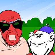 2soyjaks angry cap cartoon closed_mouth clothes drawn_background ear glasses hat homestar_runner mustache open_mouth smile soyjak strong_bad stubble unibrow variant:feraljak variant:impish_soyak_ears // 1500x1500 // 161.5KB