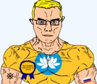 arm award blue_eyes buddhism buff closed_mouth clothes dharma_wheel europe eyes_like_the_o-o-cean flag flag:kalmykia flag:russia glasses hair kalmykia russia soyjak subvariant:chudjak_front subvariant:muscular_chud text transparent transparent_background tshirt variant:chudjak vein yellow_hair // 1059x929 // 86.0KB