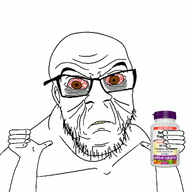 animated arm bloodshot_eyes bottle brown_eyes frown glasses hand holding_object meds melatonin soyjak stubble throw tired variant:feraljak wrinkles yellow_teeth // 1024x1024 // 468.0KB