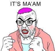 anger_mark angry arm cheeks clenched_teeth closed_mouth clothes ear glasses hair hand its_over makeup purple_hair soyjak stubble text tranny tvrkaryan variant:clittyjak // 719x669 // 42.6KB