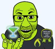 artist:bucephalus_(kiwi_farms) award clothes drink glasses green_skin hand holding_object kiwifarms looking_at_you open_mouth perro_hold series:kiwiperros soyjak sticker stubble subvariant text transparent_background true_and_honest_fan_award tshirt variant:el_perro_rabioso // 820x720 // 68.9KB