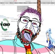 4chan anime apple_(company) aqua bloodshot_eyes clothes crying dead flag g_(4chan) gay github glasses hair hanging mac_os macos rope safari soyjak stubble suicide technology text tongue tranny variant:bernd variant:unknown void void_linux // 1125x1097 // 1.0MB