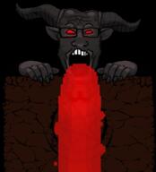 claws demon facial_mark forehead_mark glasses grey_skin hand horn laser mark_of_the_beast mega_satan no_pupils open_mouth red_eyes soyjak the_binding_of_isaac variant:markiplier_soyjak // 311x343 // 83.4KB