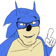 arm closed_mouth glasses green_eyes hand pointing pointing_up sega smile sonic sonic_the_hedgehog soyjak stubble variant:feraljak video_game // 1500x1500 // 133.4KB