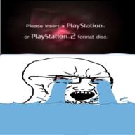 bloodshot_eyes creepypasta crying glasses open_mouth playstation playstation_2 rsod soyjak stubble teeth text variant:cryboy_soyjak // 1280x1280 // 473.9KB