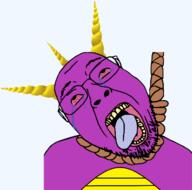 bloodshot_eyes crying dead dragon glasses hanging horn open_mouth purple_skin rope soyjak spyro stubble suicide variant:bernd // 652x646 // 151.9KB