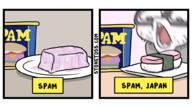 blur comic excited food glasses open_mouth place_japan plate spam spam_musubi stonetoss stubble sushi thing_japanese variant:tossjak // 1000x563 // 194.3KB