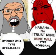 2soyjaks angry beard christianity demon glasses god green_eyes grey_hair horn open_mouth red_skin soyjak stubble text variant:cobson variant:feraljak white_skin // 680x674 // 305.2KB