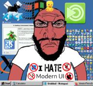 angry animal apple_(company) arm baby_duck balding beard bird chicago95 closed_mouth clothes dragon glasses gnome_(desktop_environment) gui hair i_hate icon kde konqi logo mate_(desktop_environment) mouse no_symbol punisher_face red_skin soyjak subvariant:science_lover taskbar technology text tshirt variant:markiplier_soyjak windows windows_11 x11 x_window_manager xfce xorg xwin // 1017x935 // 770.2KB