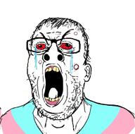 acne angry bloodshot_eyes crying ear glasses hair open_mouth soyjak stubble tranny variant:james_youniverse yellow_teeth // 680x672 // 160.8KB