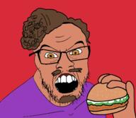 angry arm beard brown_beard brown_eyes brown_hair brown_mustache brown_skin clothes food glasses grubhub hair hamburger hand holding_object mustache open_mouth soyjak variant:feraljak // 1251x1089 // 485.0KB