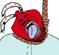 ack bloodshot_eyes cartoon clothes crying eye_stalks hanging mr_krabs mustache nickelodeon open_mouth rope soyjak spongebob_squarepants stubble suicide tongue variant:bernd yellow_teeth // 769x720 // 94.2KB