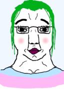 blush clothes flag glasses green_hair hair happy lipstick makeup smile soyjak subvariant:chudjak_front template tranny variant:chudjak // 491x734 // 69.2KB