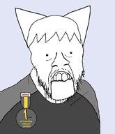 badge cat_ear clothes gray_shirt hair mustache no_glasses open_mouth series:unfunnycreature soyjak stubble unfunny_creature variant:feraljak white_hair // 1400x1630 // 228.3KB