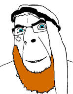 arab beard blue_eyes clothes ginger glasses hat keffiyeh muhammad orange_hair smile soyjak star_of_david tattoo variant:cobson // 1080x1402 // 159.2KB