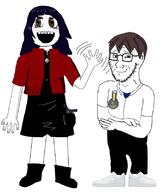 2soyjaks arm black_pants brown_eyes closed_mouth clothes full_body hair hand ikari_shinji katsuragi_misato leg nate neon_genesis_evangelion open_mouth purple_hair skirt smile stubble text that_one_fucking_picture_of_nate_being_a_smug_little_bastard variant:soyak variant:soytan // 682x800 // 181.8KB