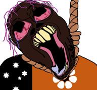 aboriginal bloodshot_eyes brown_skin brown_troonjak flag:northern_territory hanging nigger open_mouth purple_hair rope slopjak stubble suicide variant:bernd // 768x719 // 191.7KB