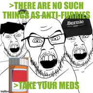 4soyjaks anti_furry clothes family_guy glasses hat imgflip.com meds multiple_soyjaks open_mouth pills soyjak stubble teeth variant:feraljak // 500x500 // 80.7KB