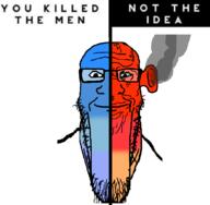 2soyjaks angry bloodshot_eyes blue_skin calm closed_mouth ear fume glasses green_eyes meme ogre_ears red_skin smile smoke soyjak stretched_chin stubble subvariant:longplier text variant:markiplier_soyjak vein // 1038x1015 // 93.7KB