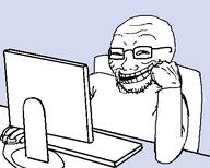 arm bald blue_background body chair computer fist glasses grin hand open_mouth room sitting smile smug soyjak stubble teeth trollface variant:soyak // 452x363 // 9.5KB