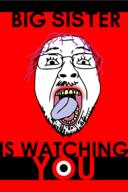 1984 clothes flag glasses open_mouth poster purple_hair soyjak stubble text tongue tranny trаnnу variant:bernd yellow_teeth // 1134x1702 // 394.7KB