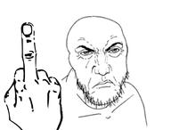 angry closed_mouth frown hand middle_finger punisher_face soyjak stubble variant:feraljak // 747x567 // 135.8KB