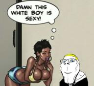 black_skin blue_eyes female short_hair smile smirk thought_bubble trend:aryan variant:gapejak vein woman yellow_hair // 1284x1176 // 1.0MB